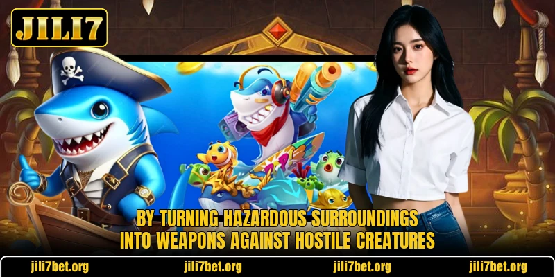 By turning hazardous surroundings into weapons against hostile creatures By turning hazardous surroundings into weapons against hostile creatures
